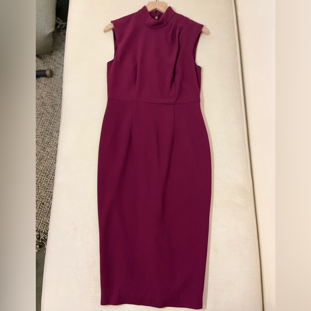 Trina Turk Purple Mock Neck Sheath Midi Dress Sleeveless Tailored Chic Elegance
